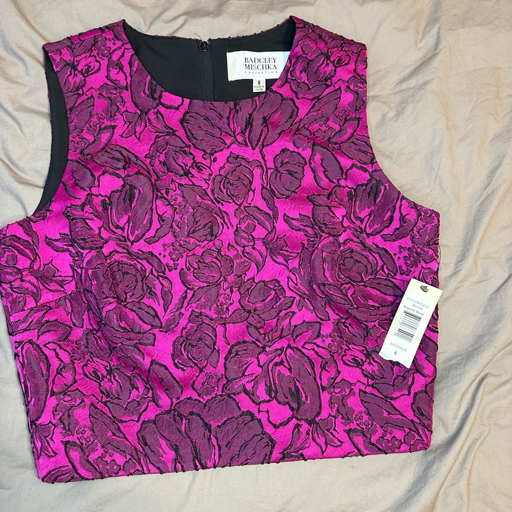 NWT Badgley Mischka Womens Top Size 6 Sleeveless Magenta Floral Jacquard Luxe